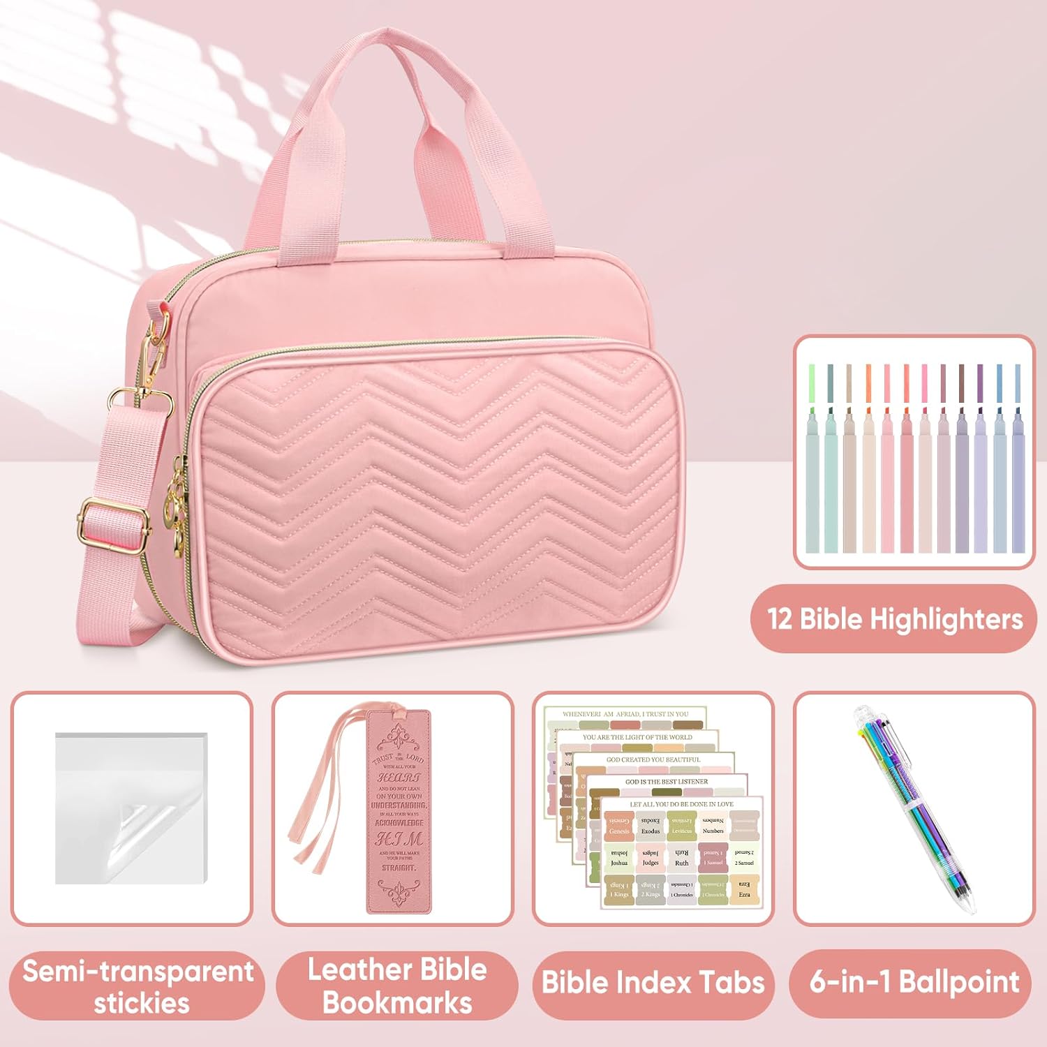 FINPAC Large Bible Cover Case for Women, Bible Study Supplies Journaling Kit with Shoulder Strap, Christian Gifts Church Bag, Pink