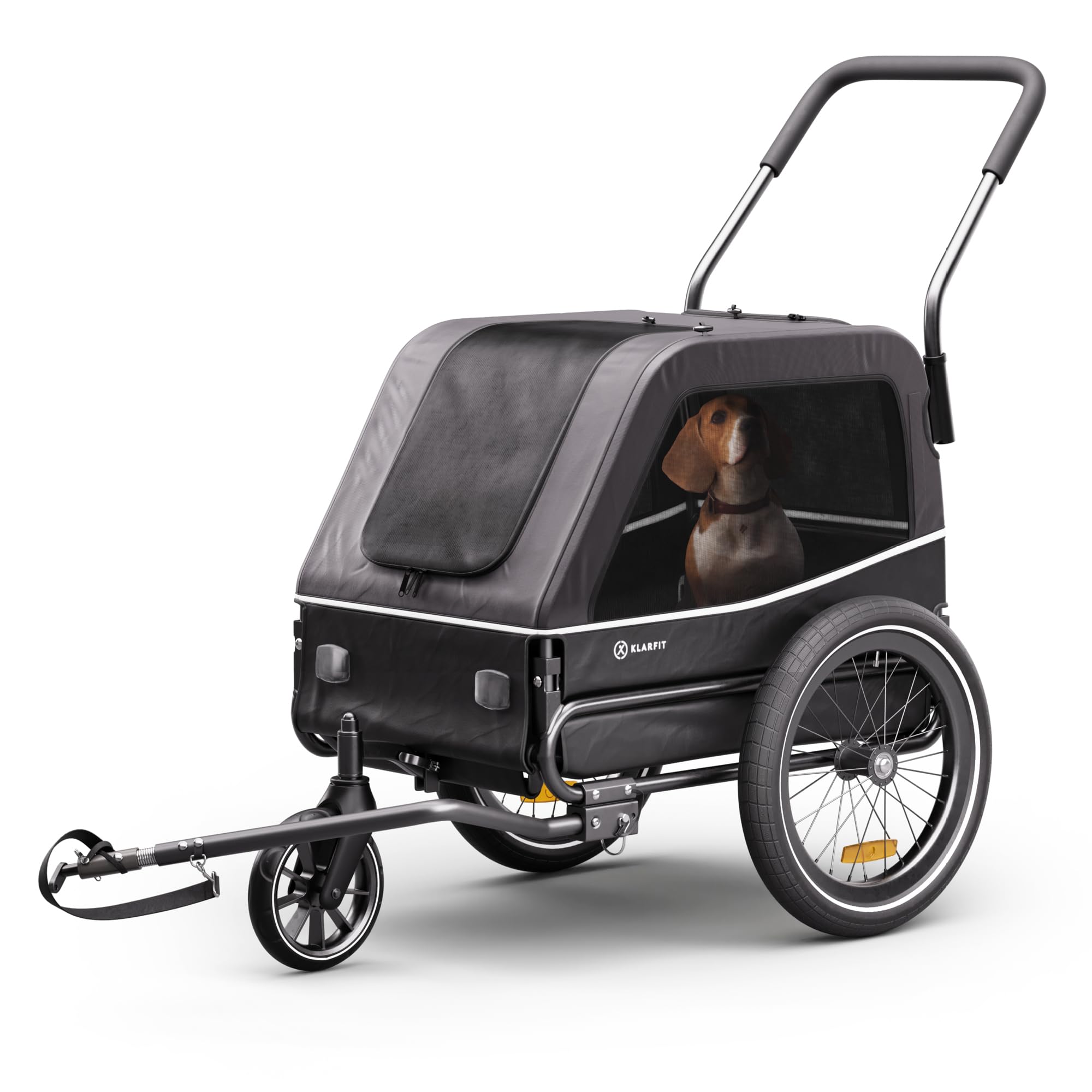 Klarfit Goldie S Remolque Bicicleta Perro, Carro Bici Plegable con Correa Integrada, Poliester Impermeable, Doble Fijación, Reflectores & Cubierta para Lluvia, Carga Máx 45kg, Gris Oscuro
