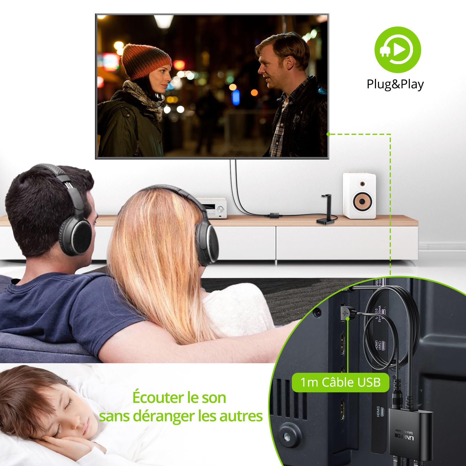 LiNKFOR Répartiteur Optique Toslink 1 Entrée 2 Sorties Câble Intégré 1m Actif avec Alimentation USB Chipset Stable Support LPCM/DTS/Dolby Digital Transmission 40m Pour Barre de Son et Casque Sans Fil