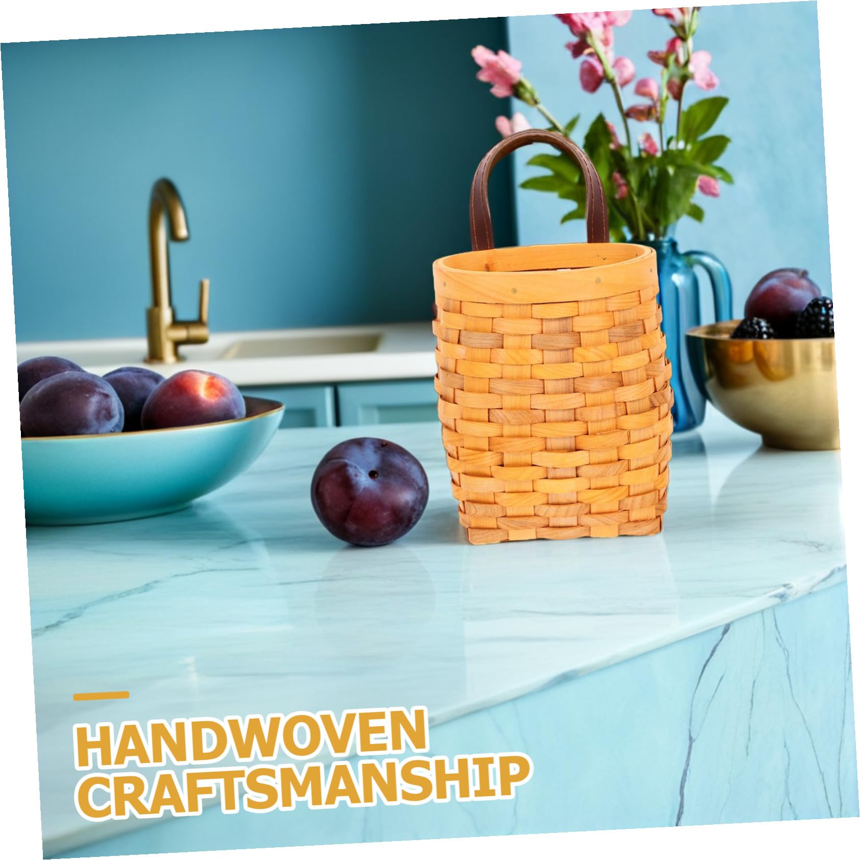 2 Stück Handgewebter Holz Wandkorb Hängend Dekorativer Aufbewahrungskorb für Obst Gemüse Blumen Platzsparend für Küche Wohnzimmer Flur Warmes Honigfarbendes Naturmaterial