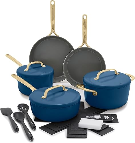 GreenPan GP5 - Juego de ollas y sartenes de 14 piezas, cerámica anodizada dura, antiadherente, sin PFAS, asas de champán, calibre pesado, superficie