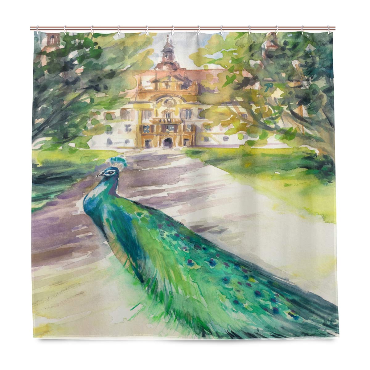 WamikaBathroom Shower Curtain Watercolor Peacock In Park Design Durable Fabric Bath Curtains Mildew Resistant Waterproof Bathroom 12 Hooks 183,0 cm x183,0 cm