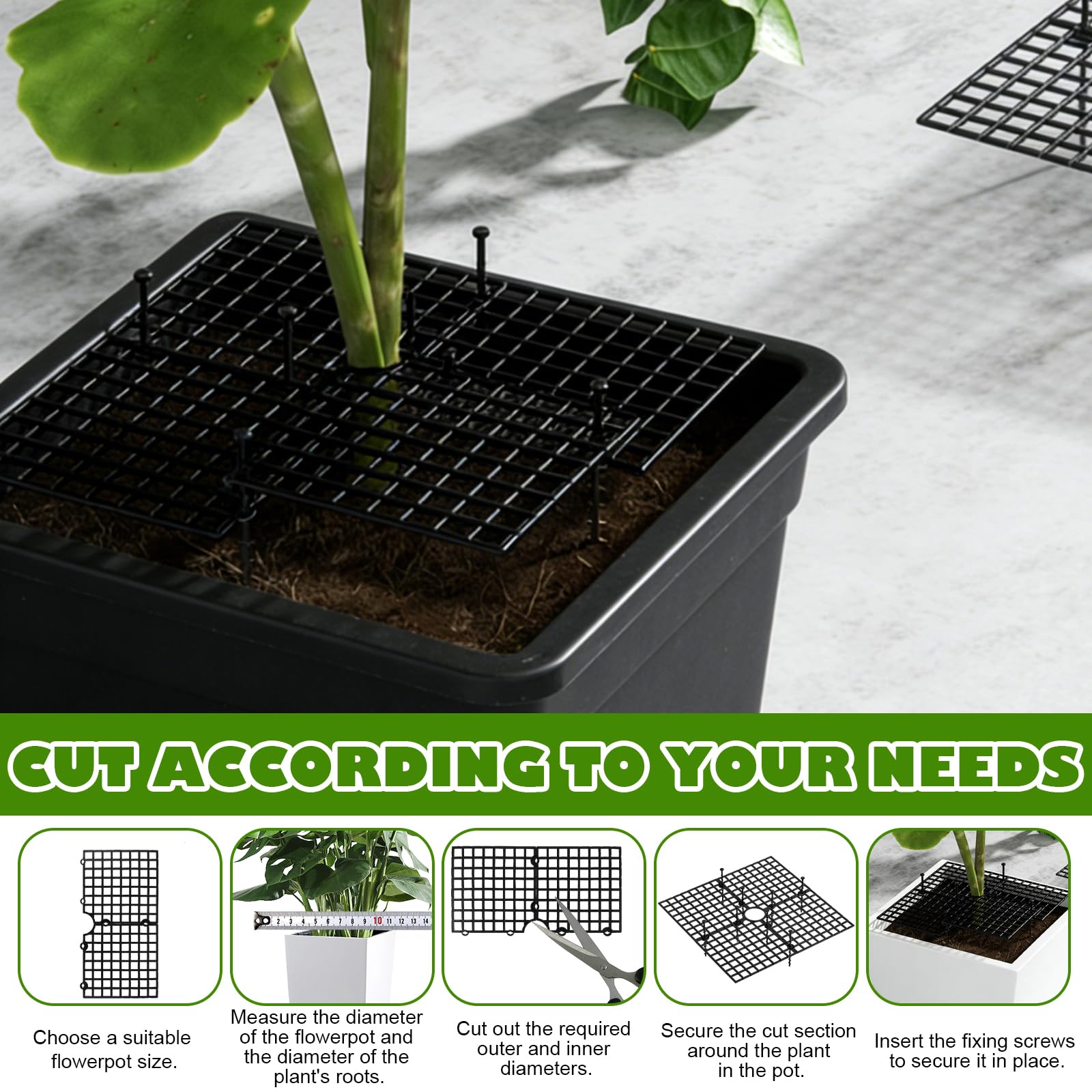 YAYODS 5er Set Blumentopf-Schutzgitter 30 x 30 cm Schwarz - zuschneidbare ABS-Topfabdeckung mit 40 Fixierstiften 10 cm - Pflanzengitter gegen Katzen für Zimmerpflanzen und Pflanzkübel
