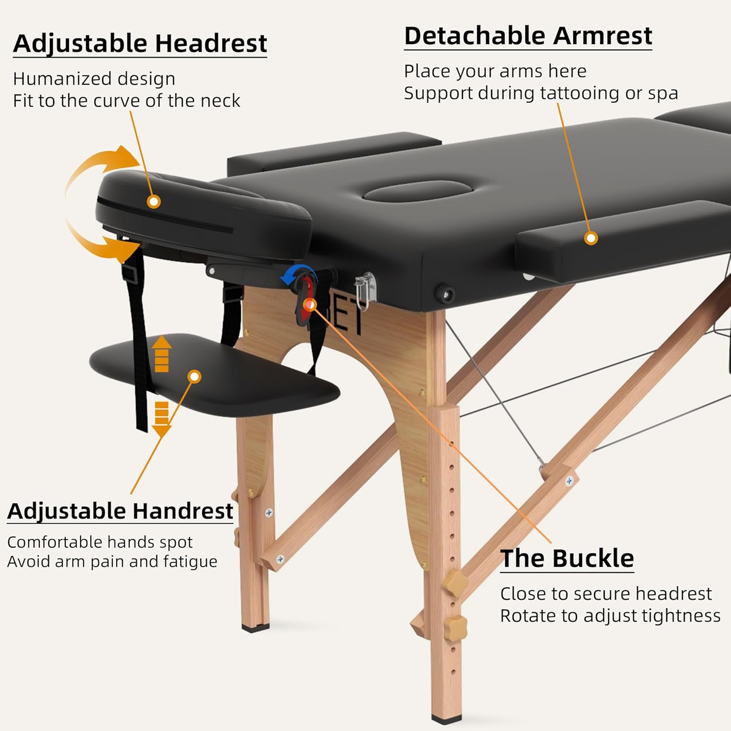 ABET Massage Table, 3 Fold Portable Lash Bed for Eyelash Extensions, Height Adjustable Lightweight Professional Facial Spa Beauty Salon Tattoo Table with Oil Pocket Towel Rod, Wood Feet & Black
