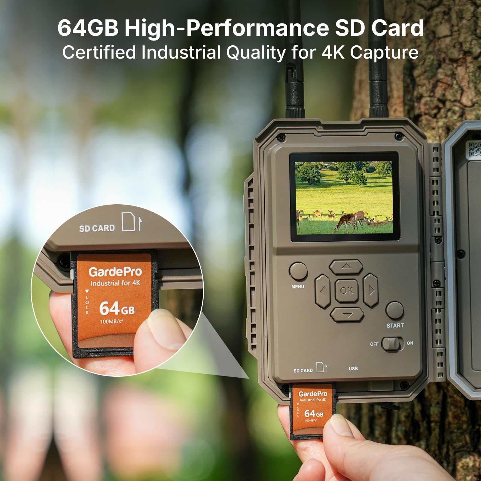GardePro E8 2.0 Pro kamera do obserwacji zwierząt z podwójną antenną Wi-Fi z kartą SD 64 GB, 64 MP, wideo H.264 4K, akumulator 7800 mAh, możliwość przesyłania danych przez sieć komórkową, 30 m