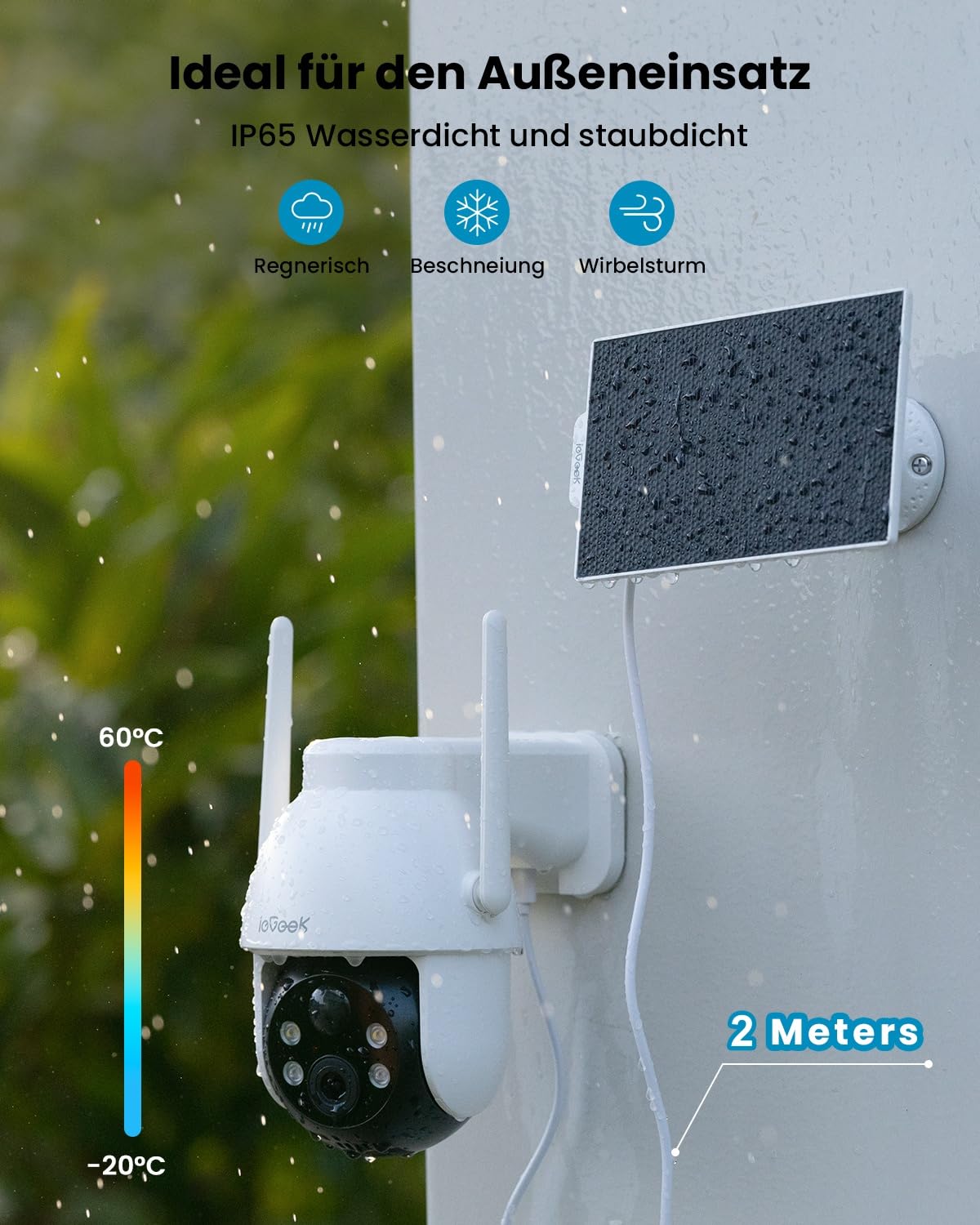 ieGeek 2K 3MP Überwachungskamera Aussen Solar, 360° PTZ Kamera Aussen Akku, 2.4GHz Kabellos Überwachungskamera mit PIR Bewegungsmelder,Farb-Nachtsicht, 2-Wege-Audio, IP65
