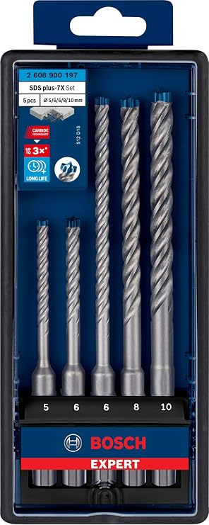 Bosch Professional Accessories 5 pieces Expert SDS plus-7X Crusher Drilling Bits (Soft stone, Hard stone, Concrete, Reinforced concrete, Concrete building block, Ø 5-10 mm, Accessory Crusher Drill)