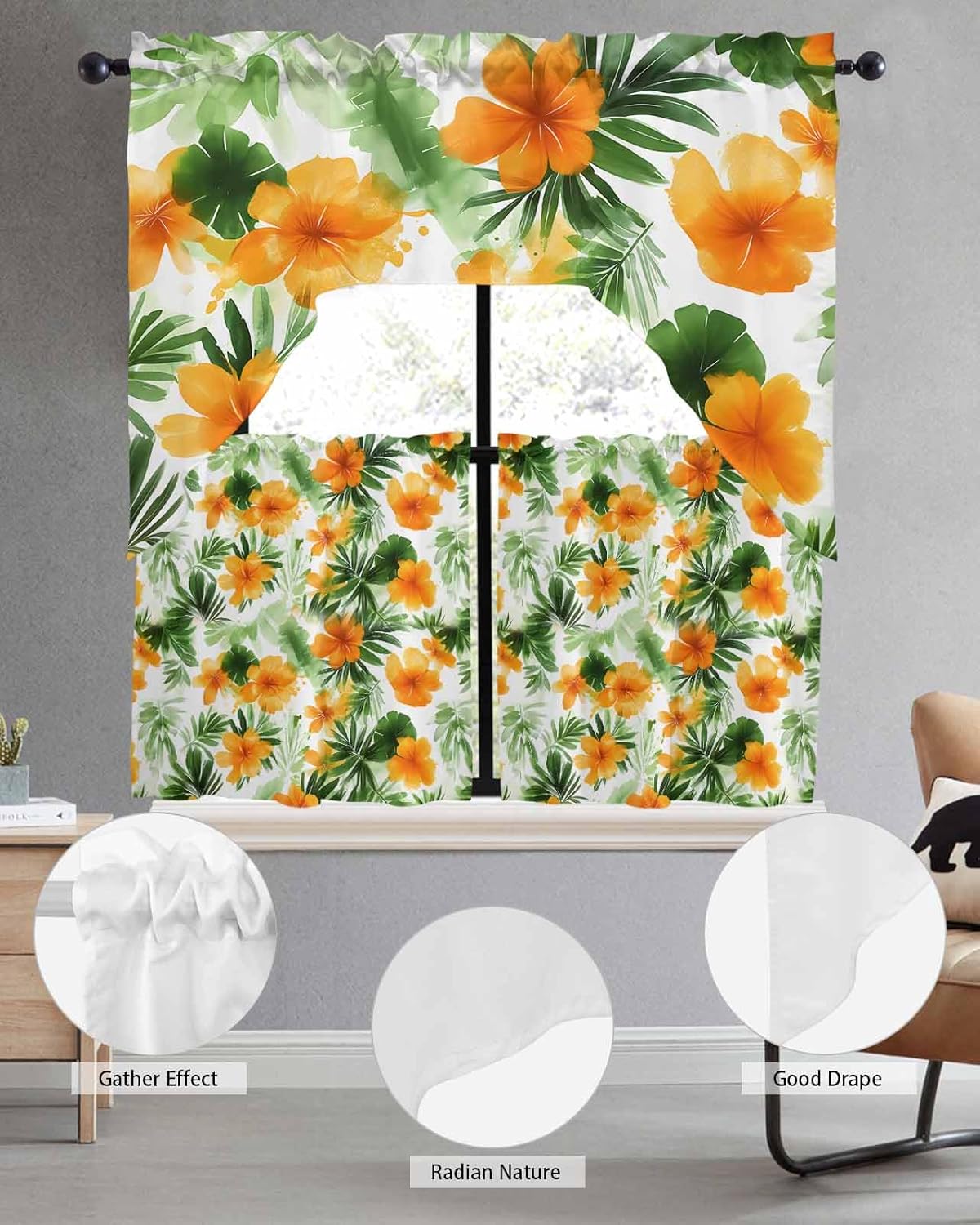 YOKOU Swag Curtain Valance, Hawaiian Hibiscus Flower Tropical Leaves Rod Pocket Window Curtain for Kitchen Bedroom Bathroom, 3 Pieces 24 Inch Long Summer Orange Green