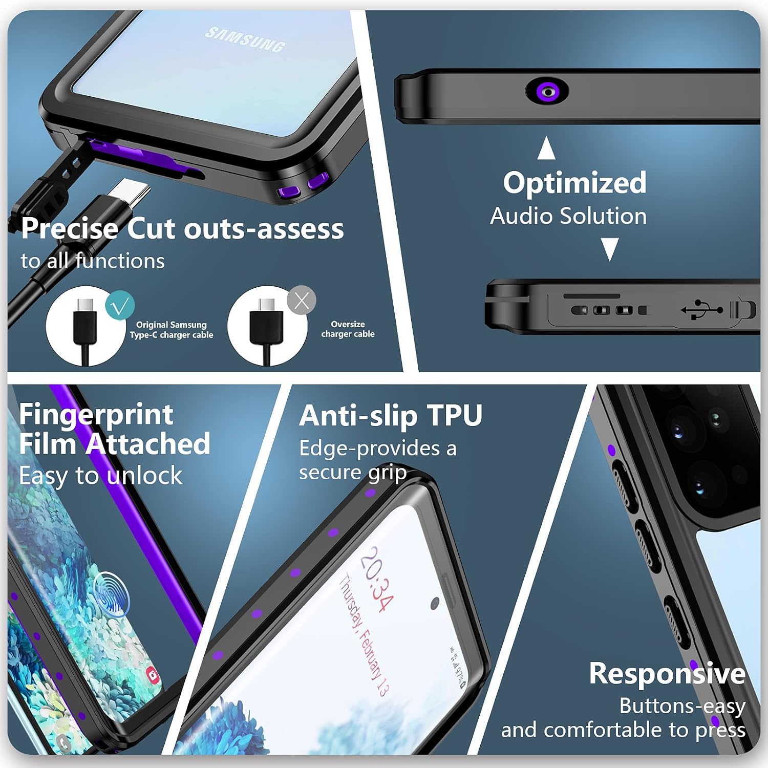 SPIDERCASE for Samsung Galaxy S20 Plus Waterproof Case, Built-in Screen Protector Fingerprint Unlock with Film, Shockproof Full Cover Waterproof Case for Samsung Galaxy S20 Plus 5G 6.7”, Purple/Clear…