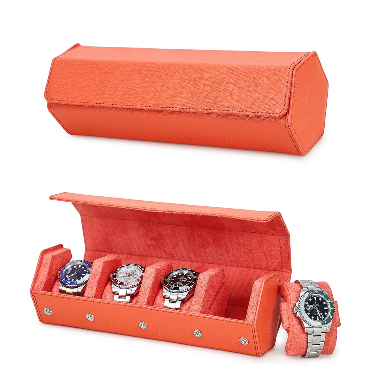 HVMBEUGOS Hiram Hexagon Watch Box Genuine Saffiano Leather Watch Box for 4 Watches, Leather 4-Slot Watch Display Organizer Watches Protective Storage Case for Men (Orange)