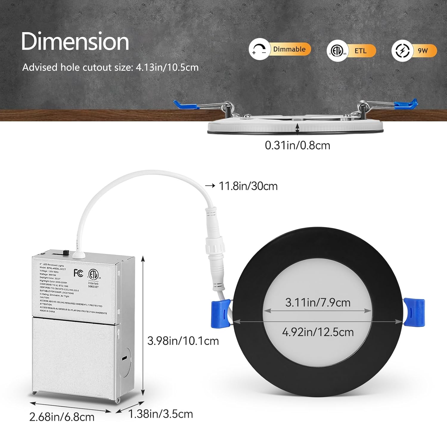CycevSun 4 Inch Black Recessed Lights with Night Light, Dimmable & 2700K/3000K/3500K/4000K/5000K Selectable, 9W, ETL, IC Rated, 12 Pack