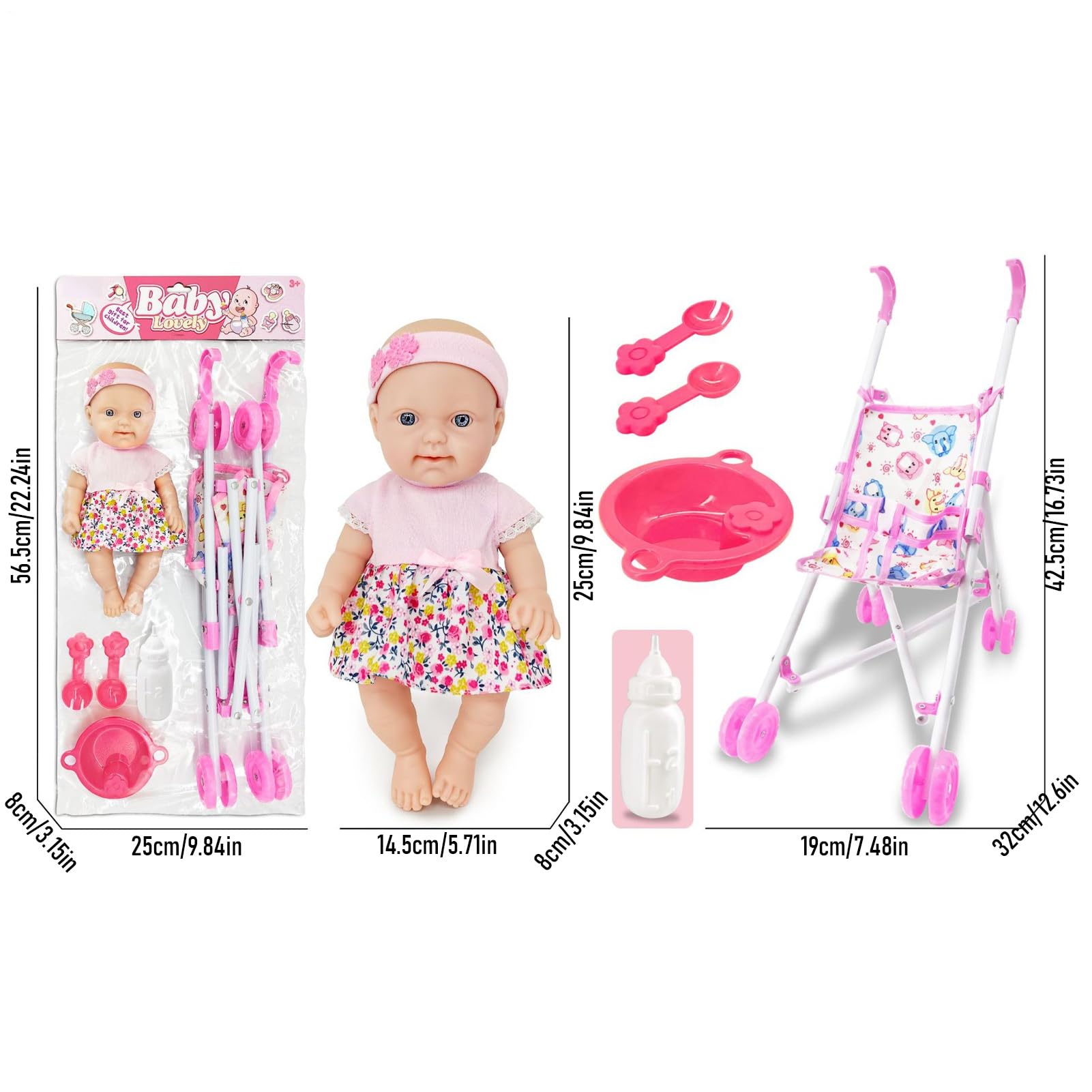 Set di passeggini per bambole, passeggino, set di giocattoli per ragazze, 10 pollici con per passeggino, bambole morbide per ragazze 3 anni in su, per bambini