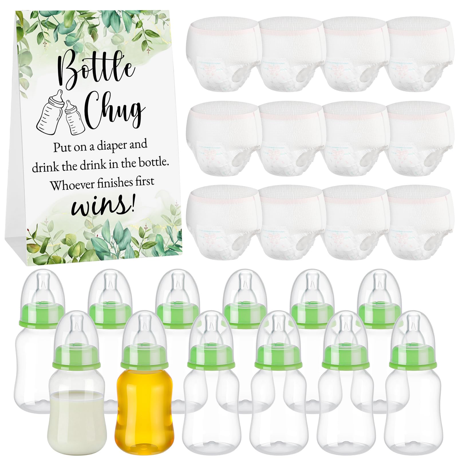 Photo 1 of Widecook 12 Set Bottle Chug Baby Shower Games Favors Funny Diaper Change Game Including Plastic Baby Bottles Chug Disposable Diapers Themed Sign for Gender Reveal Party Supplies(Green,Greenery)