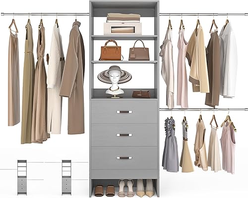 Miniatura 9 de Sistema organizador de armario de 96 pulgadas con 3 varillas para colgar, organizadores de armario de 8 pies y almacenamiento con 3 cajones de Roble