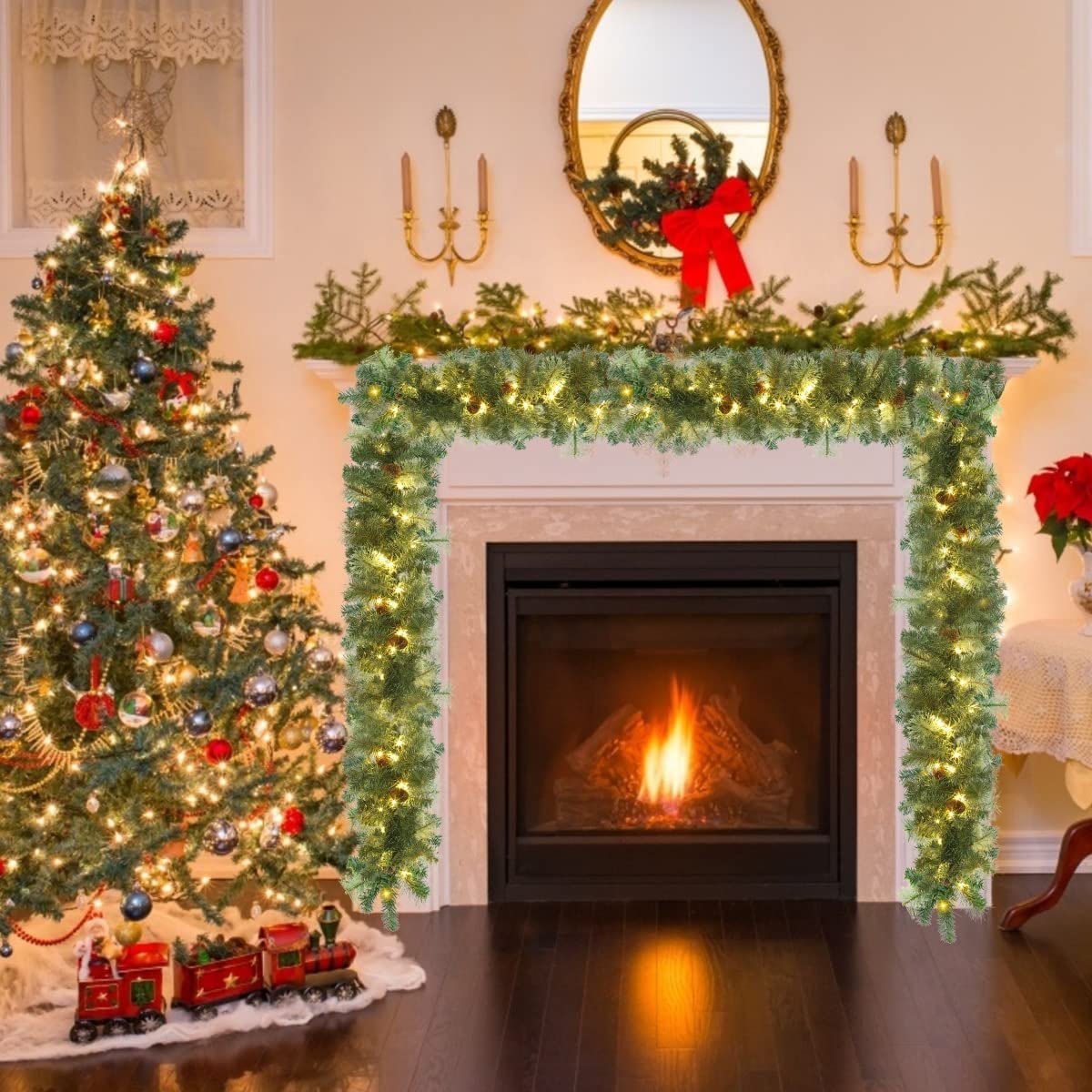 OLOTU Realistico Ghirlanda Natalizia in Rattan Misto con Aghi di Pino Decorazioni Natalizie in Rattan con luci Ghirlanda Natalizia per Feste di Natale a casa Fatto a Mano