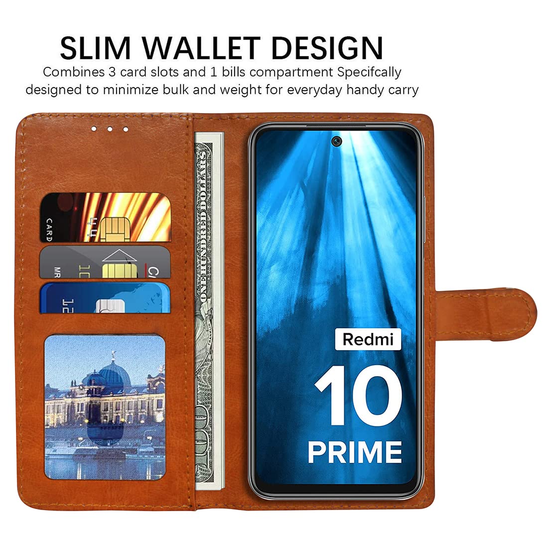 Casotec Flip Cover Back Case for Mi Redmi 10 Prime | Premium Leather Finish | Inbuilt Pockets & Stand | Flip Cover Back Case for Mi Redmi 10 Prime (CamelBlack) 1