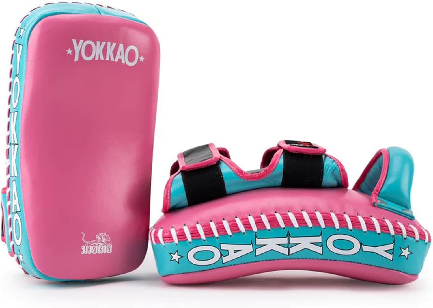 YOKKAO Premium Cowhide Leather Kicking Pads | Kicking Shields | Ergonomic Curved Design | Enhanced Accuracy | Superior Impact Absorption | Secure Comfortable Grip Curved Premium Island/HOT Pink