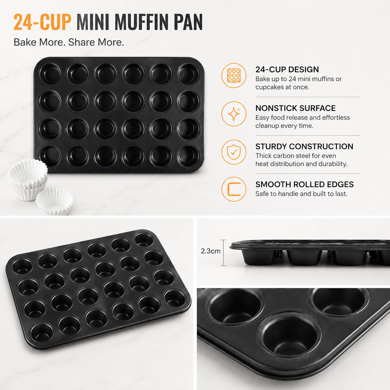 Mini Molde Para Muffins De 24 Tazas Mini Bandeja Para Hornear Antiadherente De Acero Al Carbono Para Magdalenas Con Paquete De 500 Revestimientos Blancos Para Magdalenas Desechables