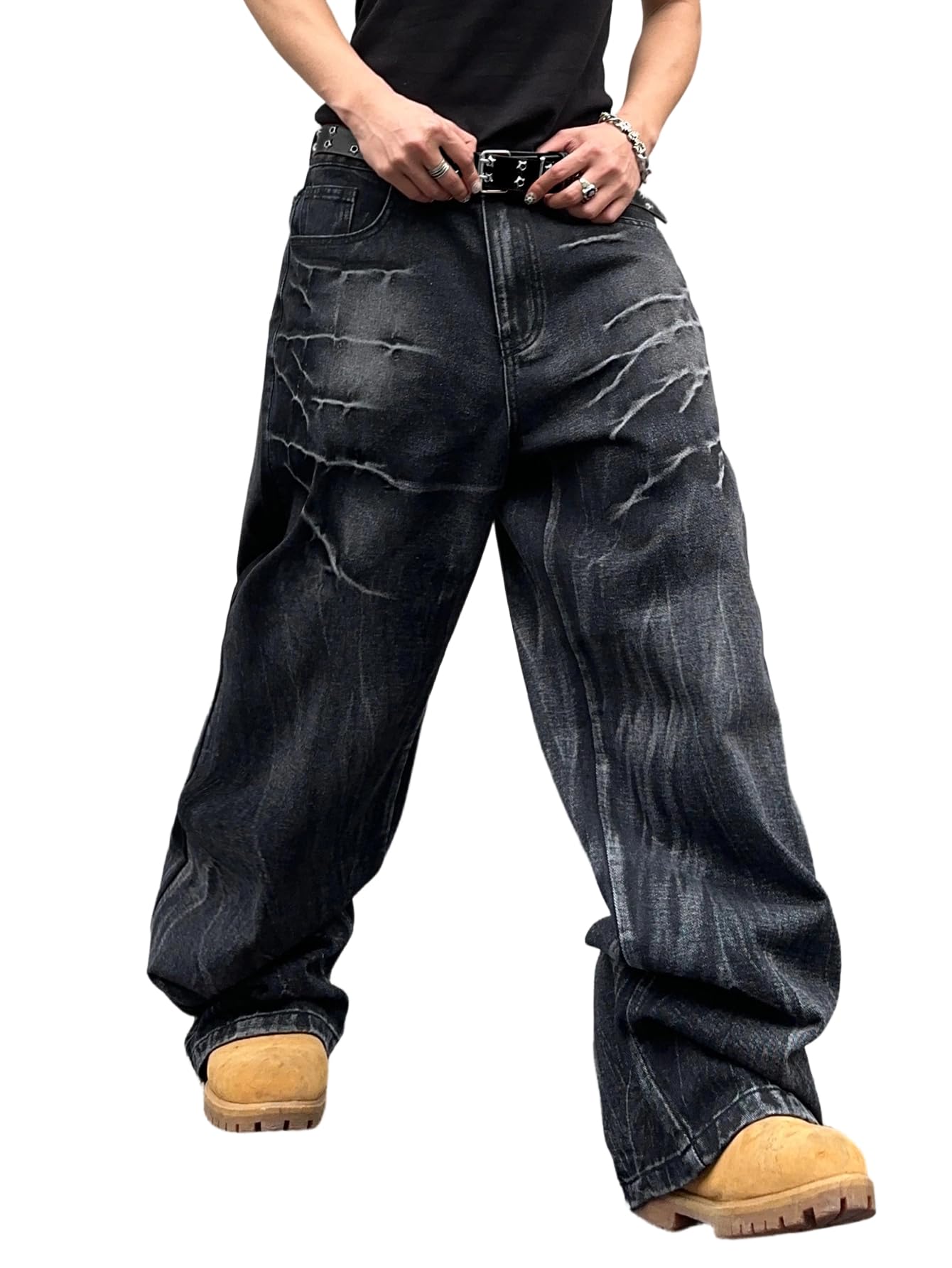 DFGIGT Hip Hop Baggy Jeans for Men Distressed Wide Leg Skater