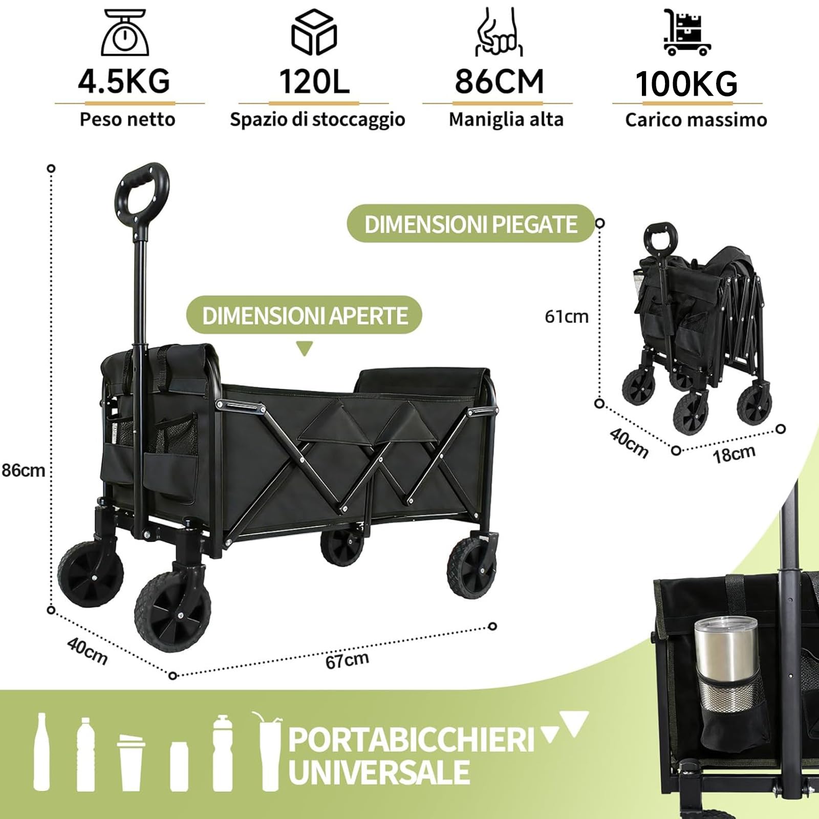 Carrello pieghevole è dotato di grandi ruote staccabili e di una maniglia regolabile, Capacità di carico massima 100kg/210 kg，Adatto per campeggio, giardini e shopping