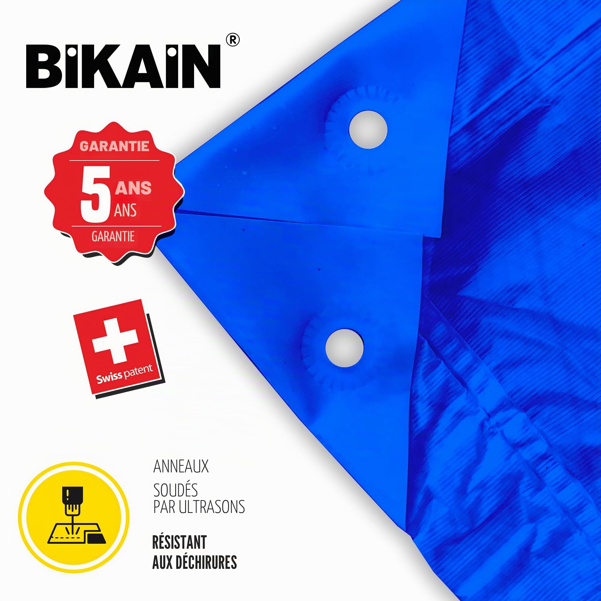 Bâche imperméable pour l'extérieur - 3x4m - 70 g/m2 - Trous soudés renforcés - Polyéthylène laminé croisé 3 Couches - Bleu - Protection Totale - Extra Forte - Bikain