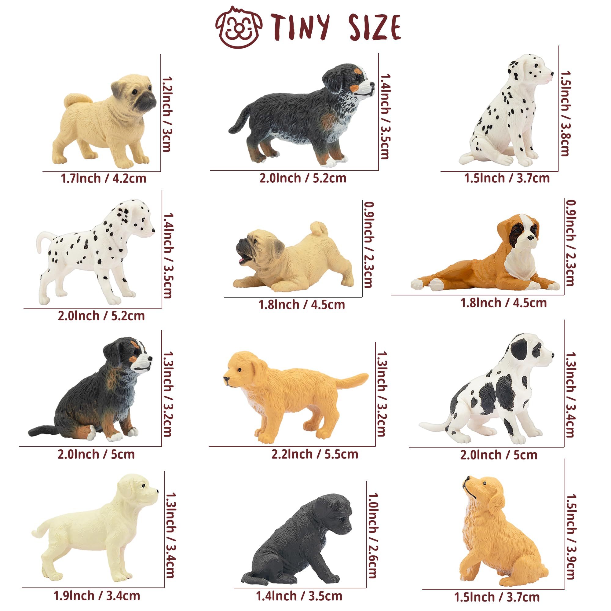 TOYMANY 12 sztuk mini figurek zwierząt, realistyczne figurki psów, zestaw zabawek, z tworzywa sztucznego, mini figurki szczeniaków, na Boże Narodzenie, psiak, tort, babeczki, jajko wielkanocne,