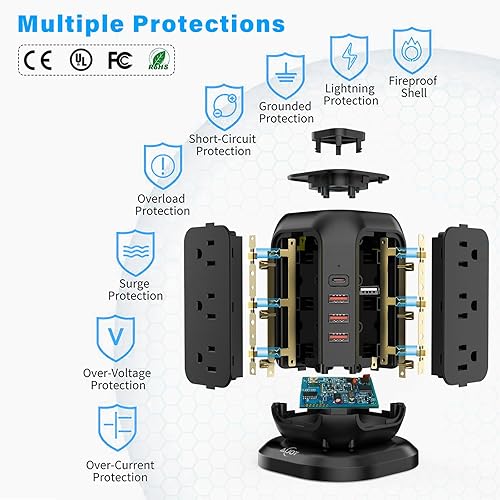 Vista 18 de AiJoy - Torre de regleta de alimentación USB C, protector de sobretensiones con 12 salidas de CA y 4 puertos USB, cable de extensión AiJoy de 10