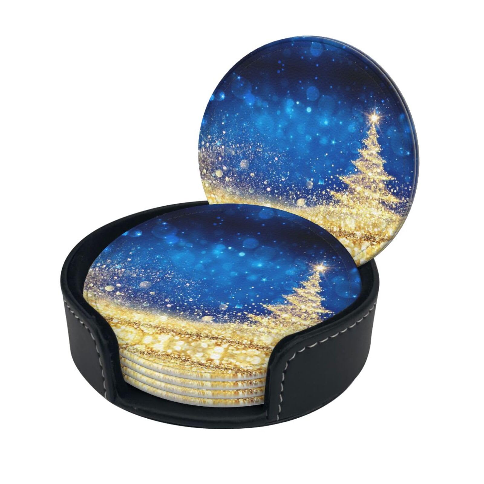 Golden Glitter Christmas Tree Print Round Leather Coasters - Set Of 6, Ultra-Fiber Pu Leather