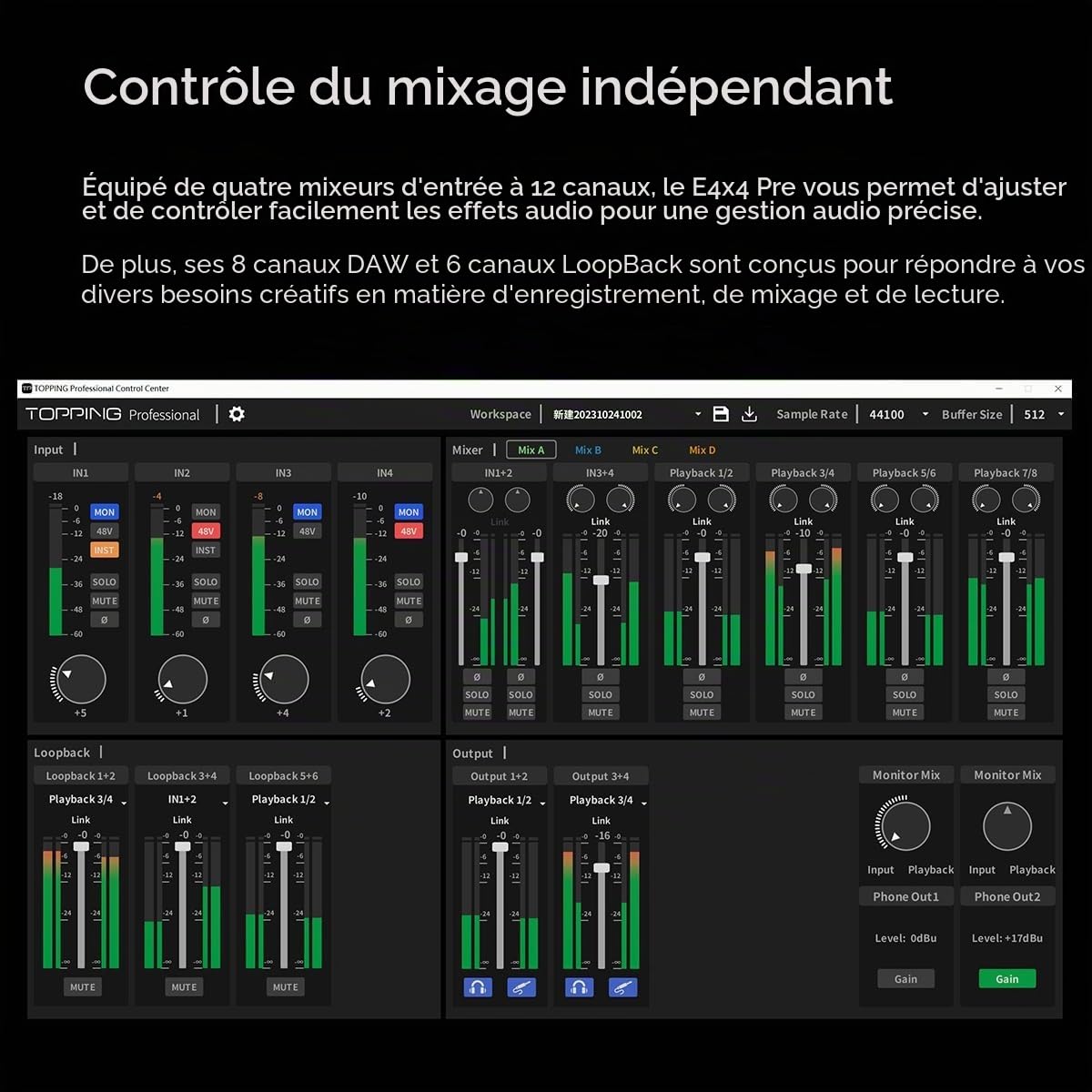 Topping Professional E4x4 Pre, interface audio USB avec 4 entrées et 4 sorties à 24 bits 192 kHz