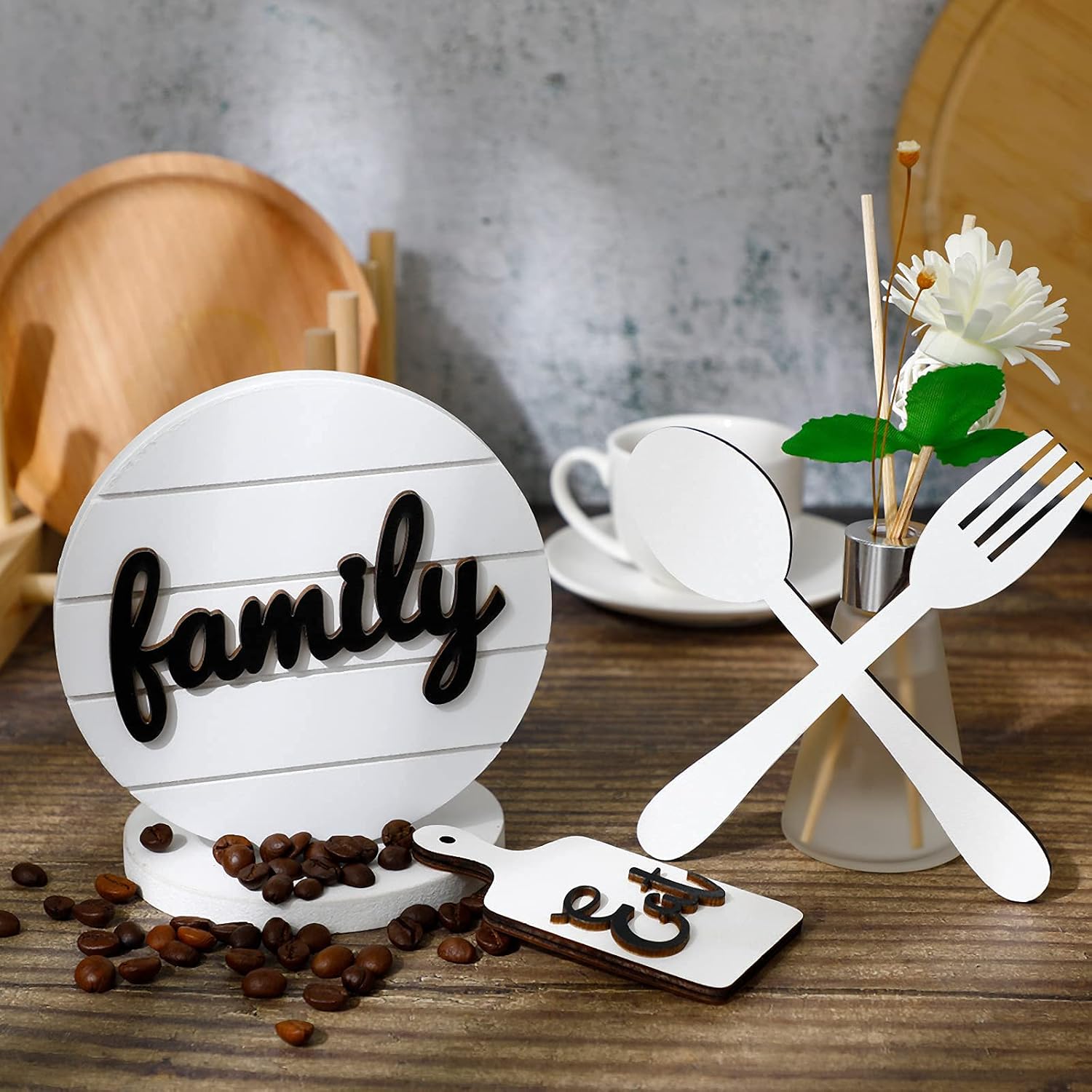 Wooden Kitchen Wall Decor, Eat Sign Spoon Fork Family Wood Sign Tier Tray Decor Vintage Mini Cutting Board with Eat Letters Kitchen Decor for Home Dining Living Room Bar Cafe Restaurant