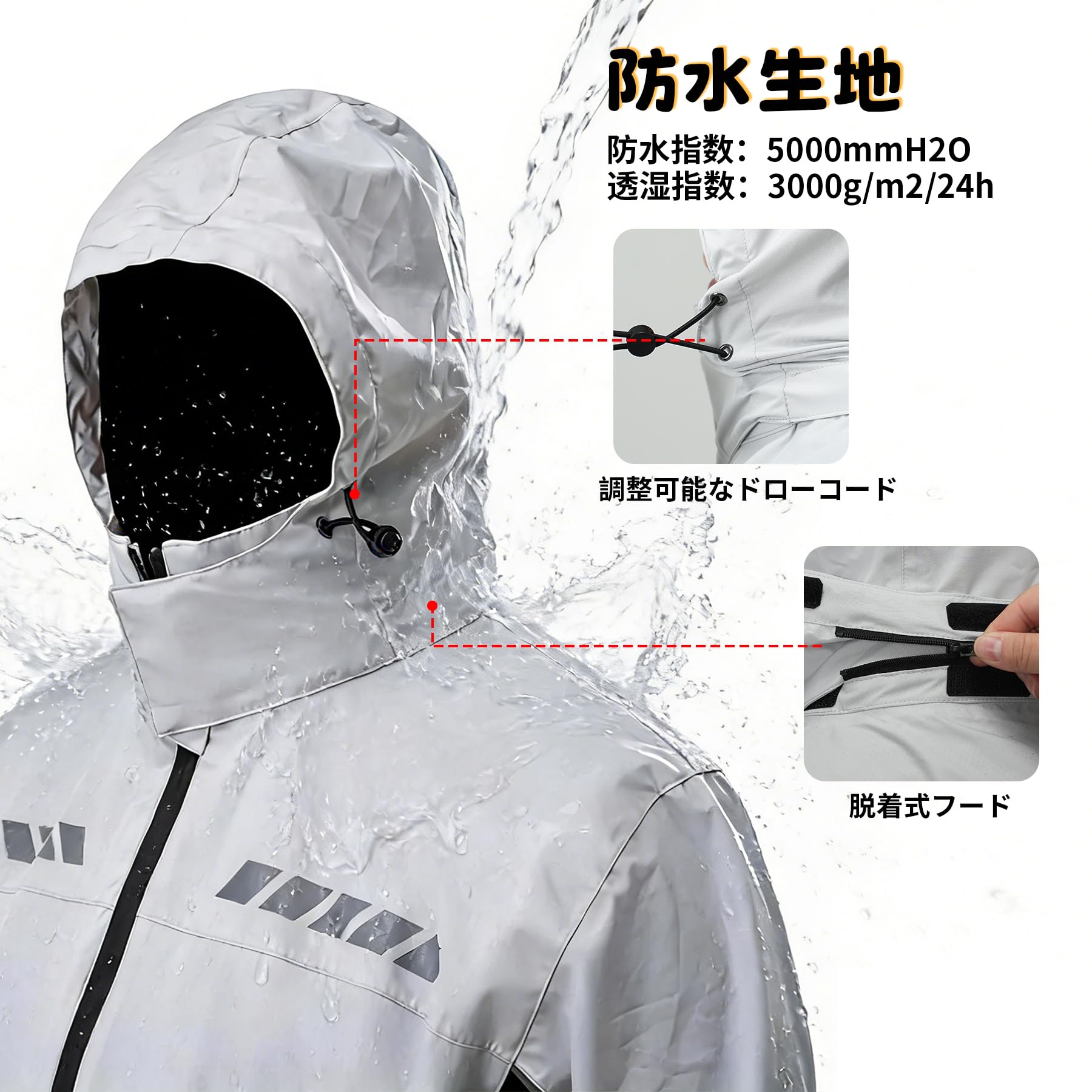 [VIKAMAKA] 防水バイク用メンズレインスーツ 軽量フード付き反射性レインウェア、メンズレインジャケット＆パンツ - 4