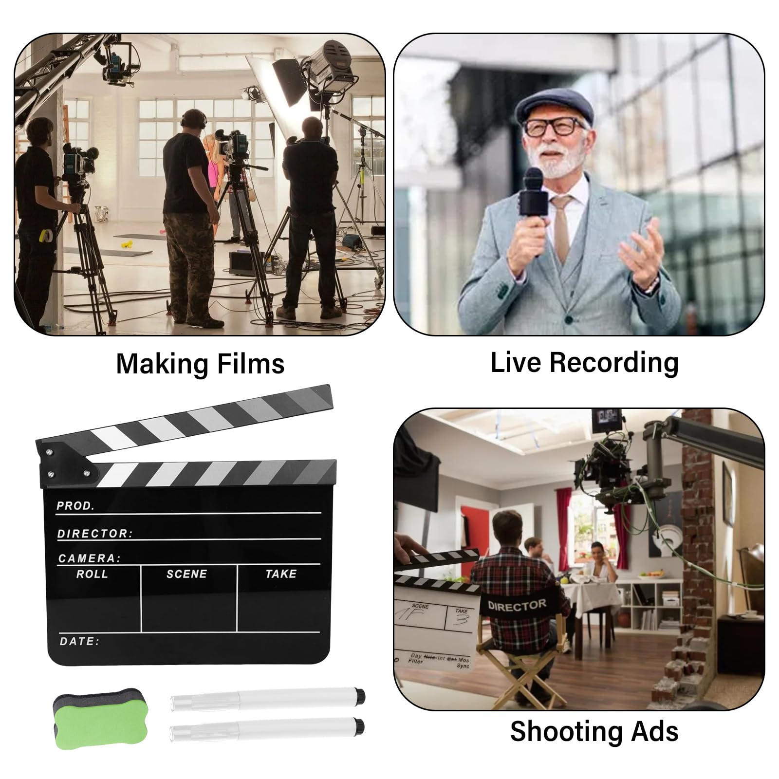Filmregisseur Plaque de bardeaux : plastique acrylique Clapet de réalisateur avec gomme magnétique et stylos, Clapet acrylique facile à nettoyer pour les séries TV de films publicitaires (30 x