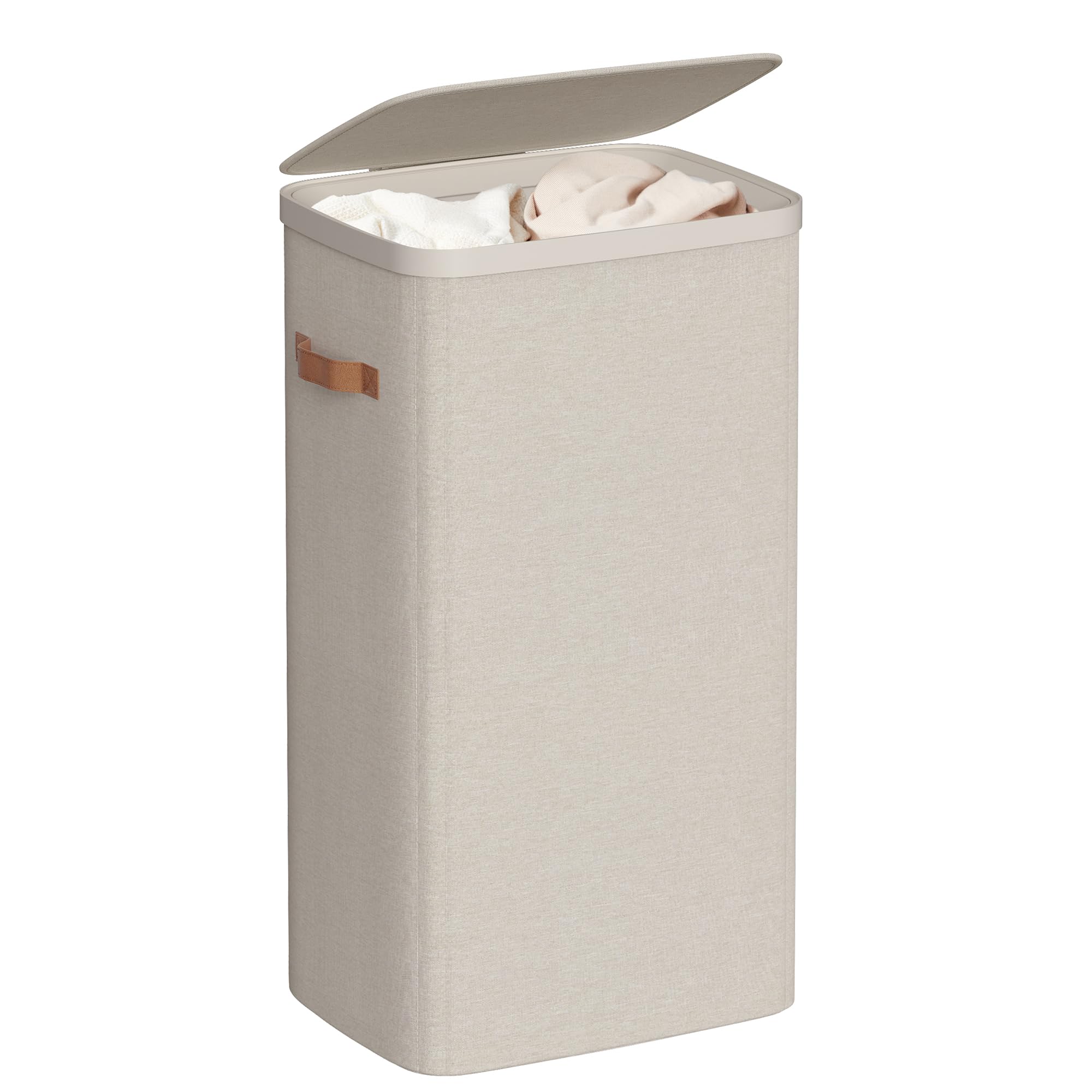SONGMICS Cesto para la Ropa Sucia, Bolsa de Basura de 100 L, Fácil Montaje, con Asas para la Tapa, Bolsa Interior Extraíble, 42 x 32 x 75 cm, Beige Capuchino LCB811LH01