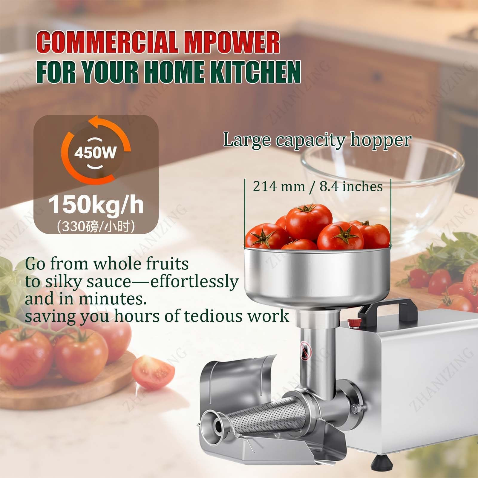 Colino elettrico per pomodori con separatore automatico della polpa, 450 W, capacità 150 kg/ora, ingranaggi interamente in metallo, separa semi e bucce per salse, marmellate, alimenti per bambini