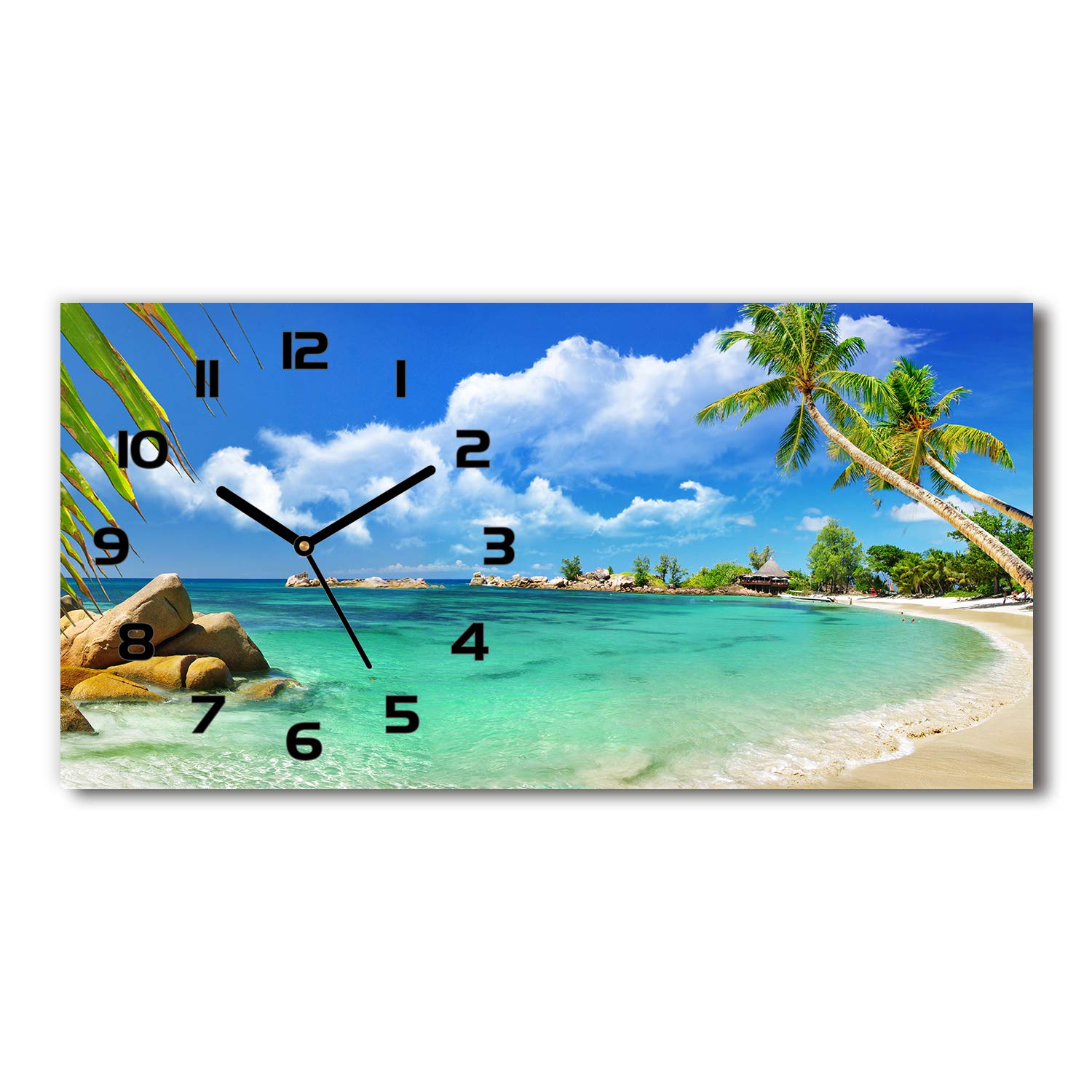 Horloge en verre 60x30cm Tulup à poser motif plage des Seychelles salon