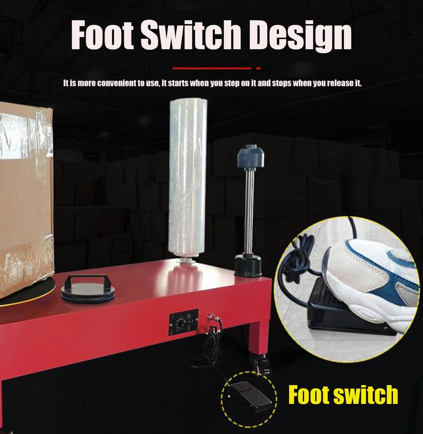 Electric Stretch Wrap Dispenser Machine with Foot Pedal Switch, Adjustable Turntable Speed, Double Shaft Film Wrapping Equipment, 40cm