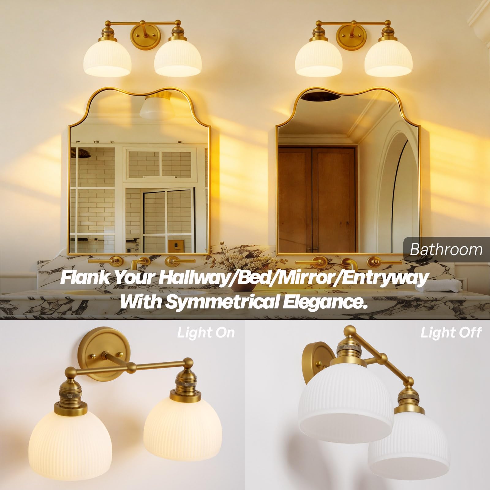 Applique da parete a 2 luci dorate, stile vintage, con vetro di latte, doppio braccio, in ottone, per bagno, soggiorno, camera da letto, cucina, E27, filo rigido per interni