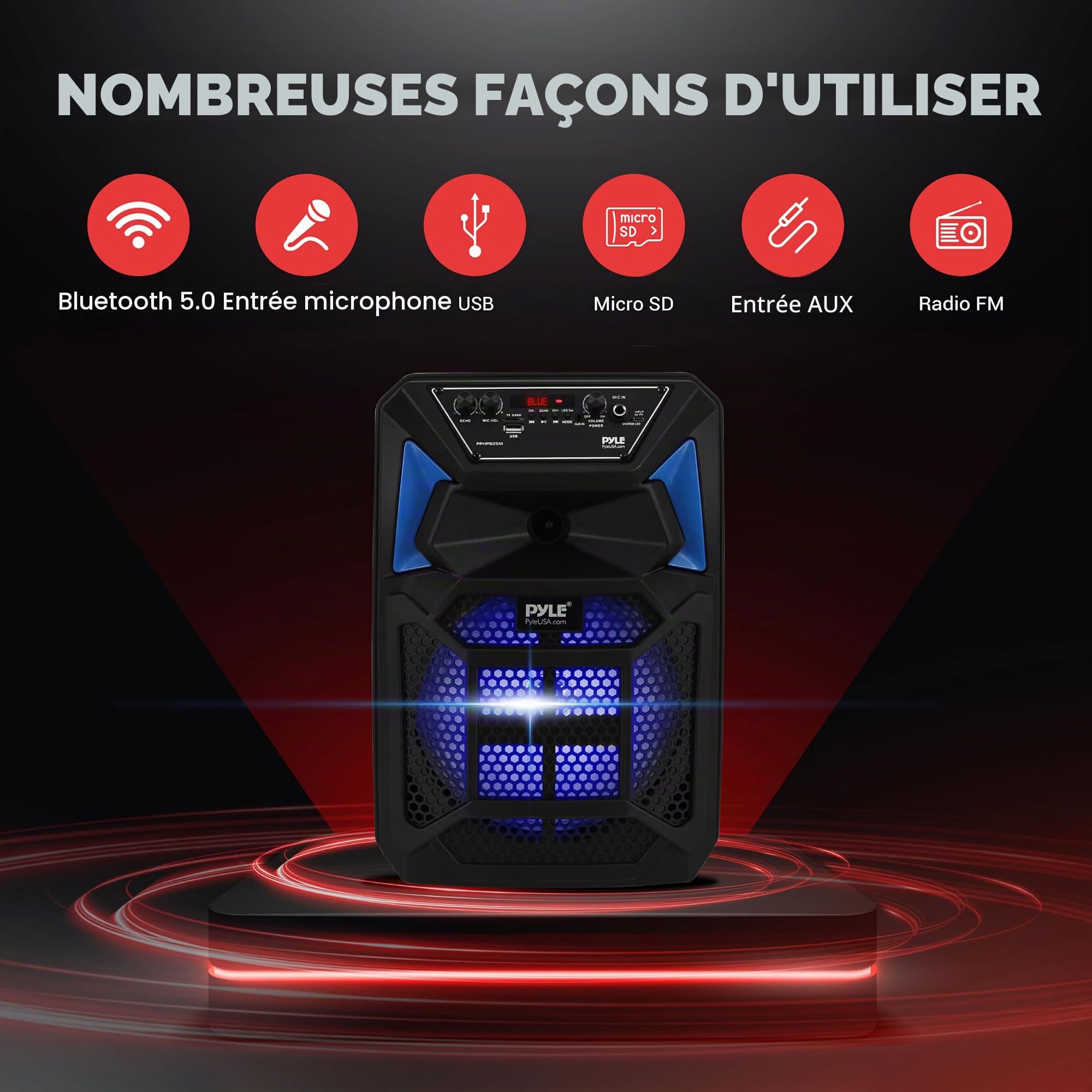 Pyle Système de Haut-Parleur Bluetooth Portable PA 400W Haut-Parleur Bluetooth Portable avec Télécommande Microphone Entrée Microphone Lumières de Fête Lecteur MP3/USB Carte SD Radio FM Roues