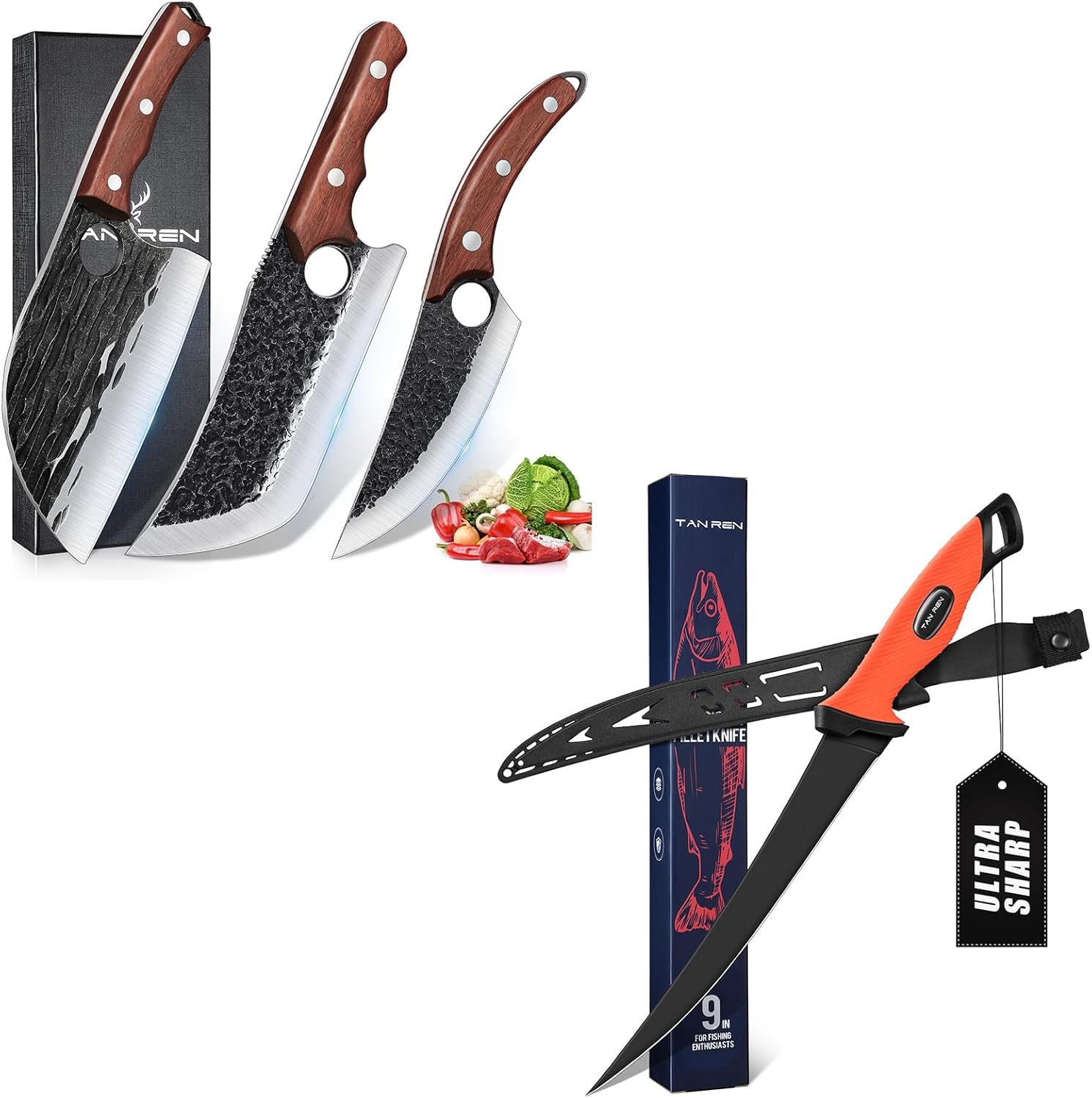 TAN REN 3PCS Butcher Knife Set for Meat Cutting and Fillet Knife for Fish 9 Inch with Non-Slip Handle and Sheath