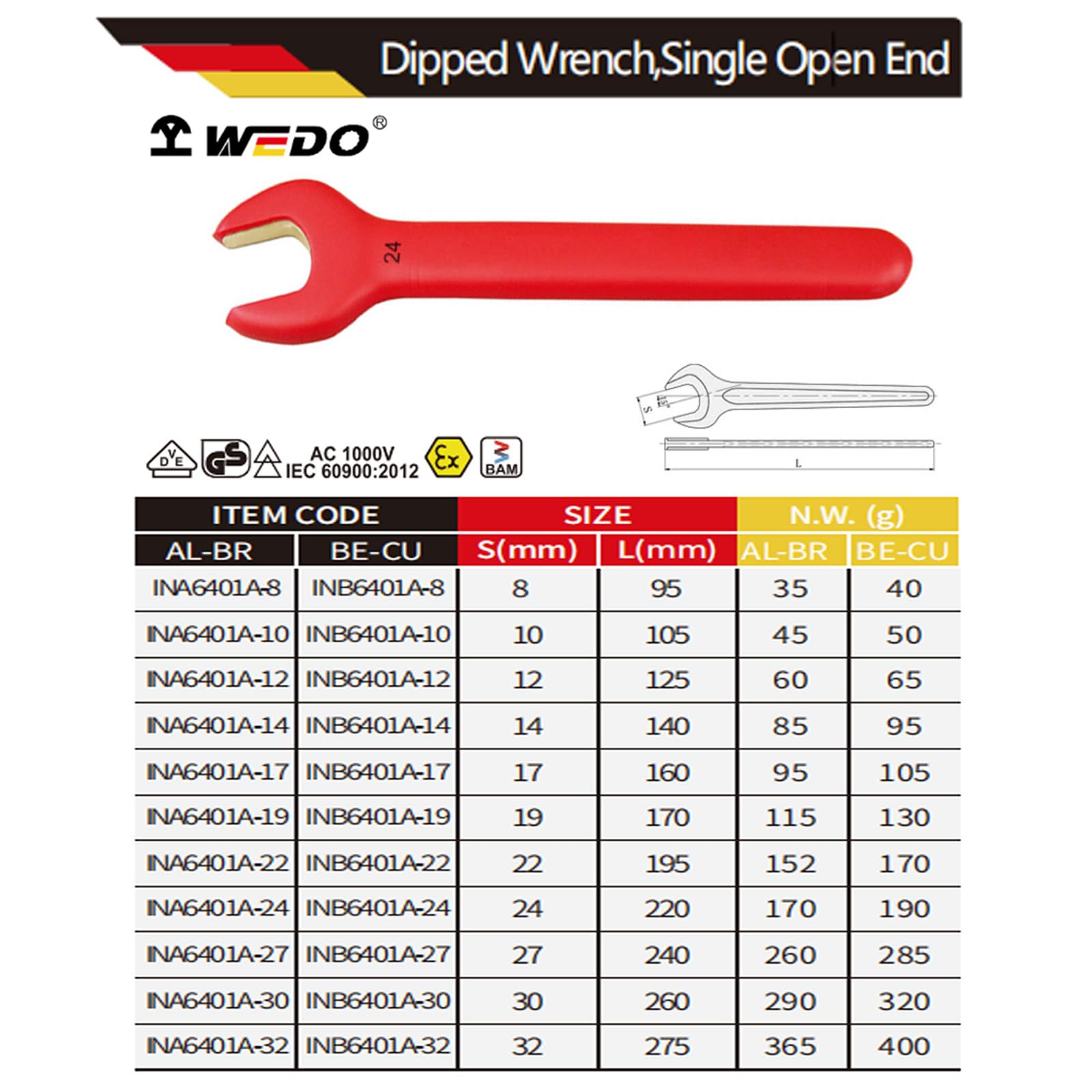 WEDO Pojedynczy klucz płaski, nieiskrzący izolowany prosty uchwyt pojedynczy klucz płaski, rozmiar 30 mm, długość 260 mm, brąz aluminiowy, standard DIN, certyfikat BAM i FM
