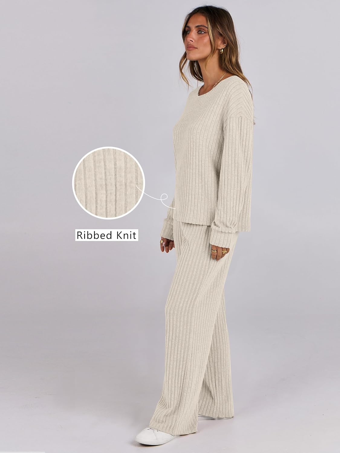 ANRABESS Women 2 Piece Lounge Pajamas Sets Casual Ribbed Knit Long Sleeve Top Pants Matching Set 2025 Fall Outfits Clothes - Image 4