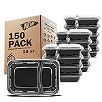 Freshware Meal Prep Containers [150 Pack] 2 Compartment with Lids, Food Storage Containers, Bento Box, BPA Free, Stackable, Microwave/Dishwasher/Freezer Safe (28 oz), Black