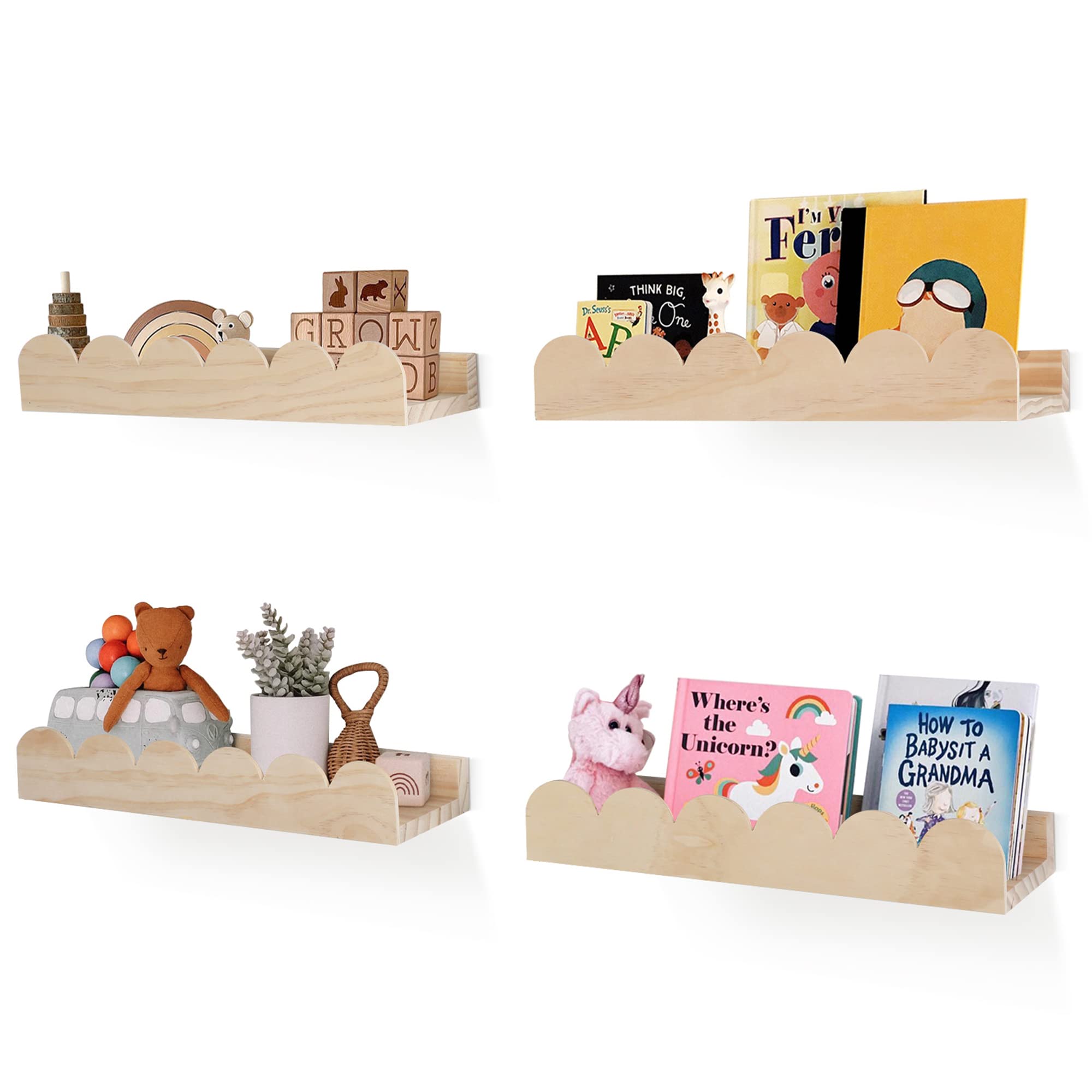 COMAX Nursery Floating Bookshelf Set, 4 Pack, Solid Wood, Wall Mount Bookshelves for Kids Room, Baby Bedroom