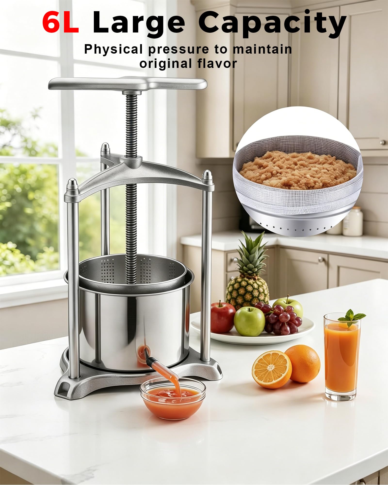 Presse-Jus Manuel en Acier Inoxydable, Presse À Vin De Fruits 6 L | Poignée En T Puissante, Plaque De Pression Renforcée 7 Mm/0,28 Pouce, Revêtement Amovible, Légumes Maison