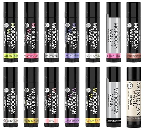 Moroccan Magic Bálsamo labial orgánico y SPF15: paquete variado de 11 piezas | Argán orgánico y aceites esenciales | Suave | Natural | No tóxico |