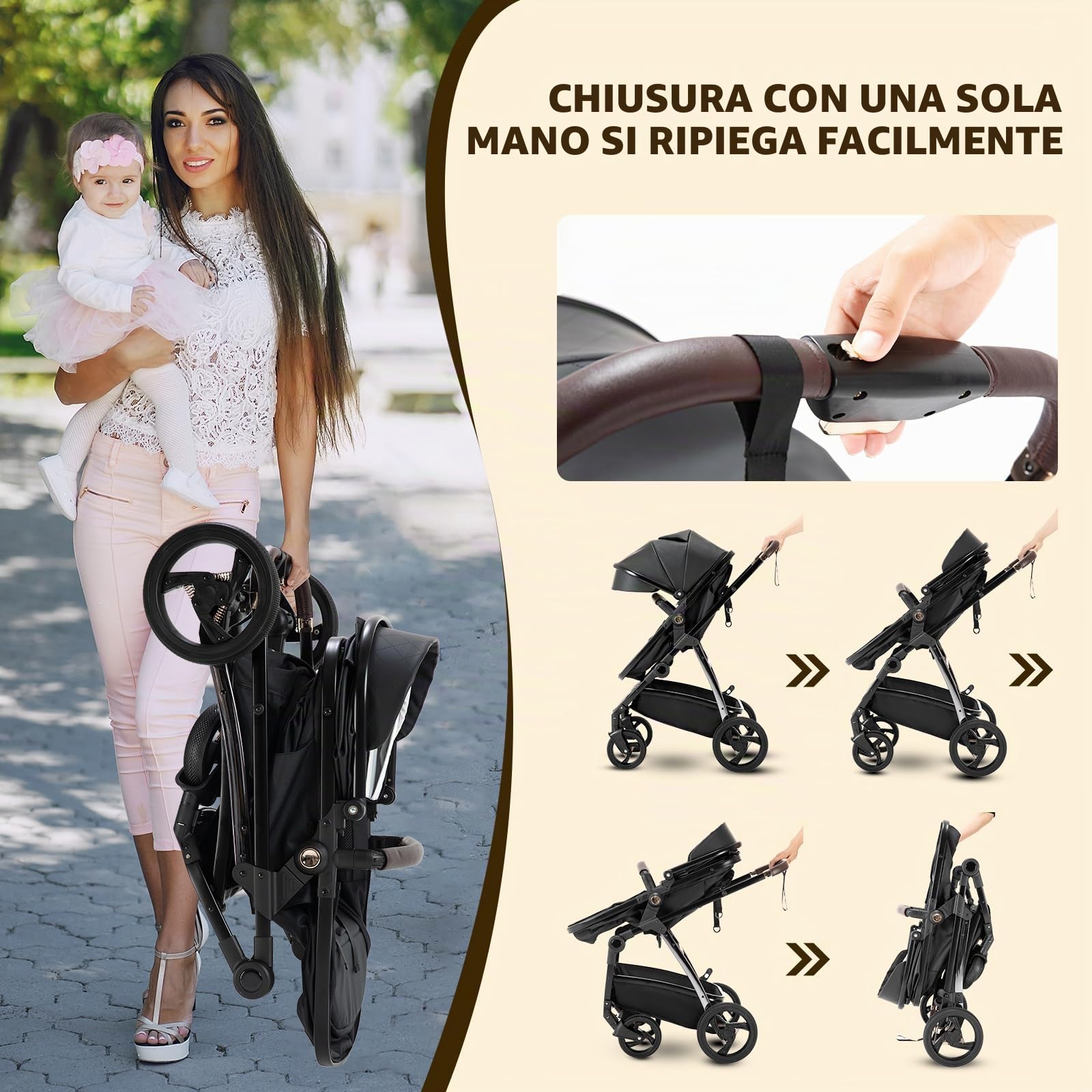 Gcarebb Passeggino in pelle PU 3 in 1, passeggini da città con seggiolino auto, portatile con un clic pieghevole, passeggino combinato paesaggistico, telaio in alluminio alto