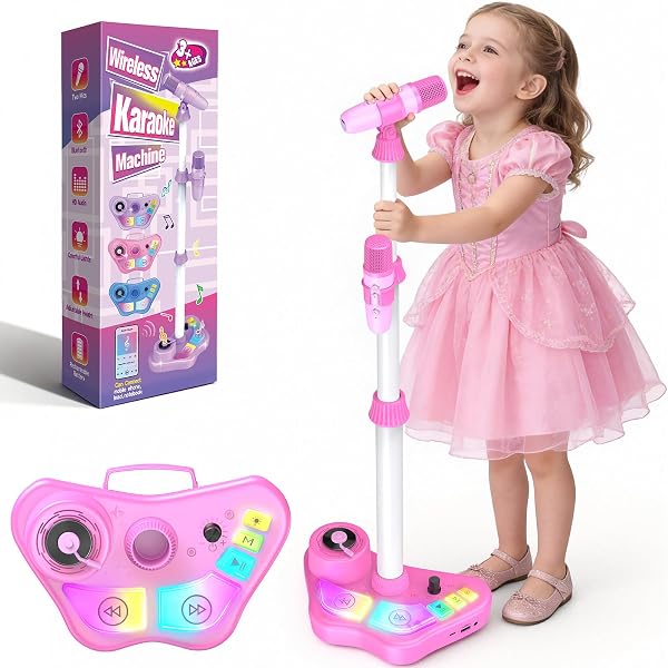 Dislocati Microphone pour Enfants avec Support, Micro Karaoke Enfant avec Support et Lumière, Cadeau Anniversaire Fille 3-12 Ans, Micros Enfant avec Lumières Multicolores, Bluetooth/TF/USB (Rose) - 1