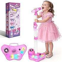 Dislocati Microfono con Supporto Regolabile per Bambini, Giocattoli Musicali con Luci LED, Altoparlante Bluetooth, Altezza Regolabile 47-108 cm, Rosa (Ideale per Festa, Regalo Bambina 3 Anni)