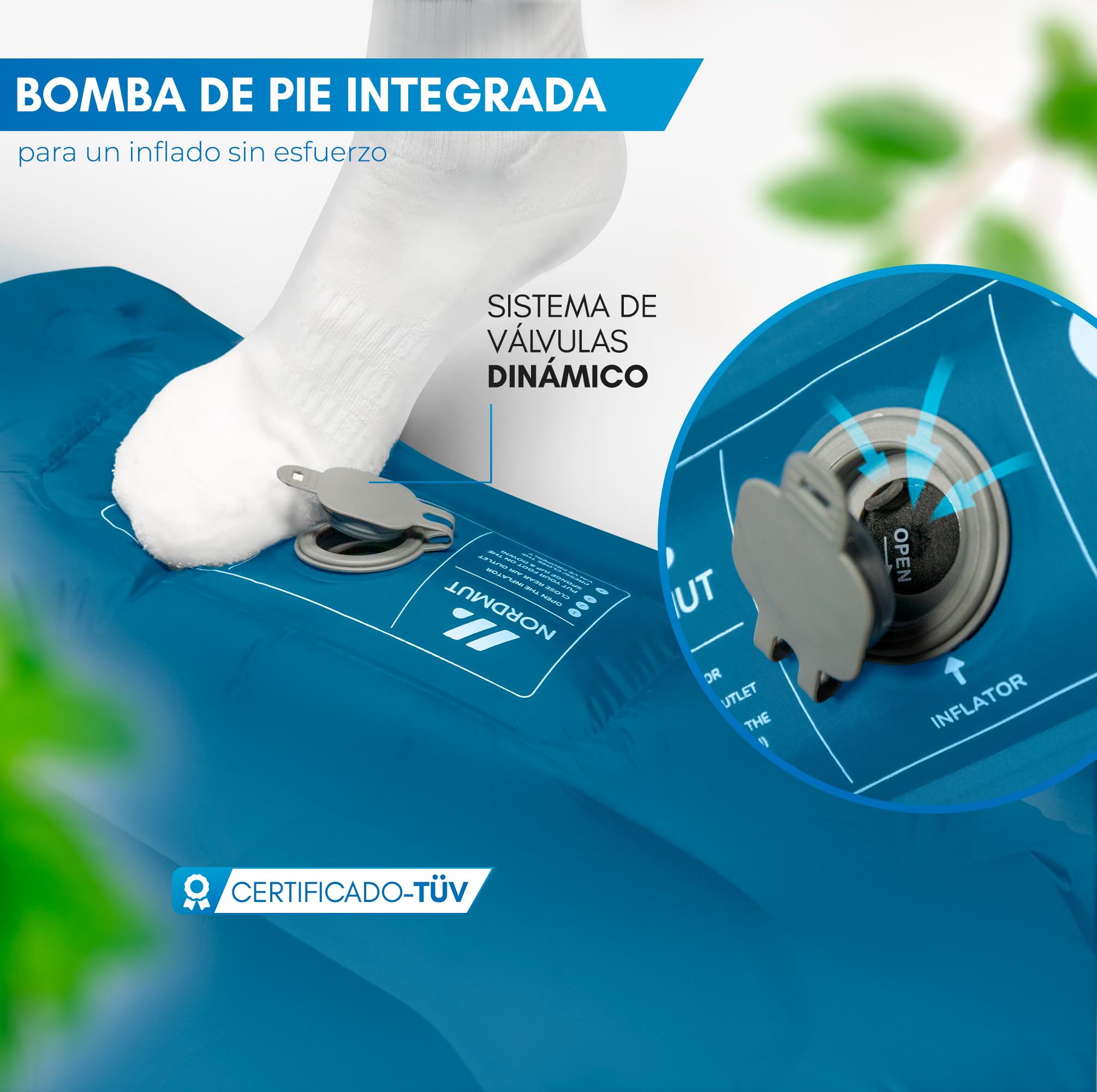 NORDMUT® Colchoneta Camping Autoinflable con Bomba de Pie Integrada 10cm – Colchoneta Compacta – Colchón Outdoor Ultra Cómodo (Azul)
