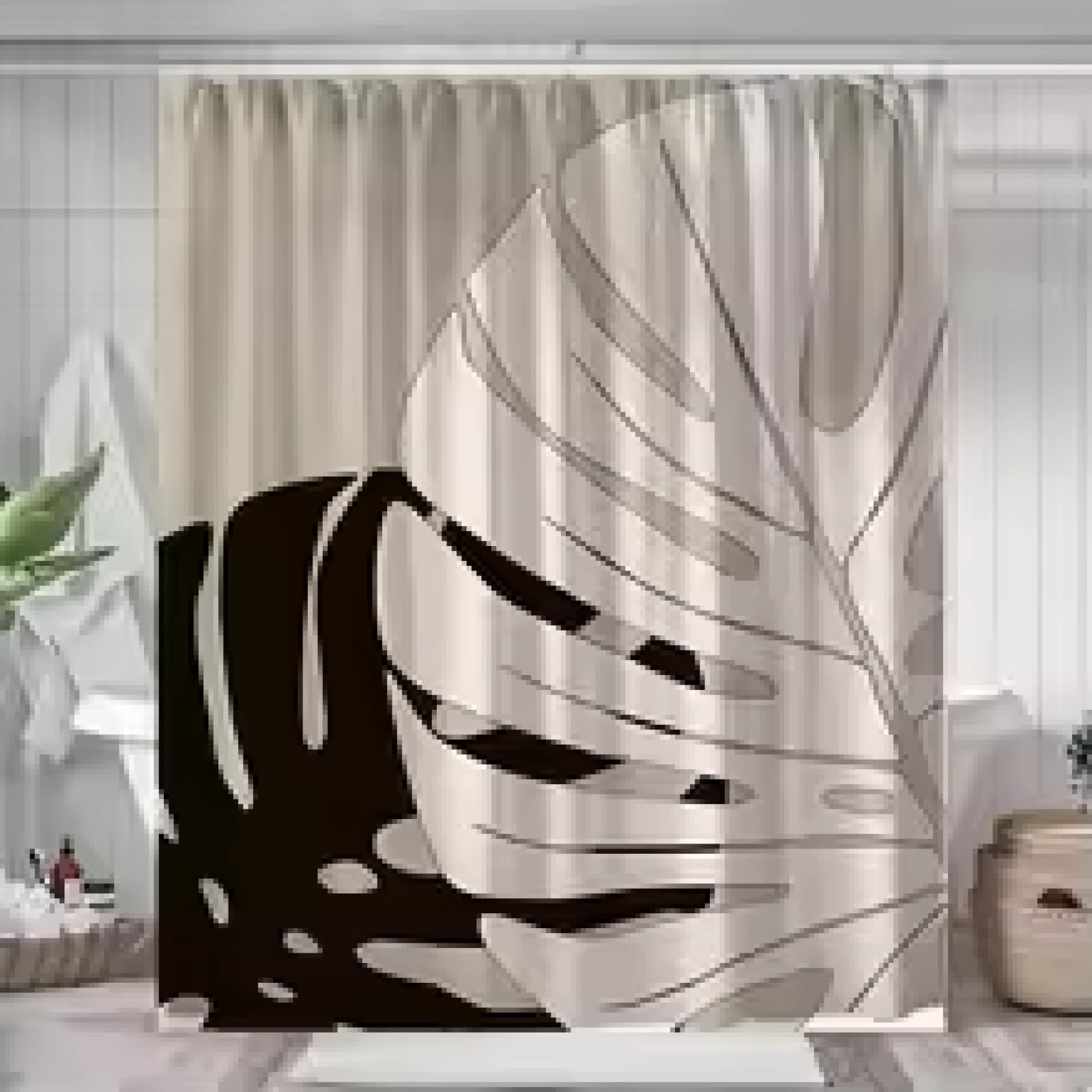 1 Cortina de Ducha con Estampado de Hojas en Blanco y Negro, Tela Impermeable, Cortina divisoria para baño Beige, 220 x 200 cm, Cortina de baño
